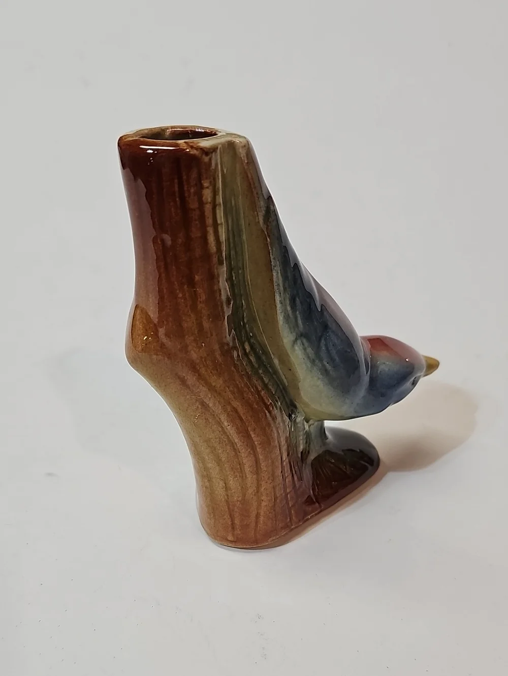 Vintage Ceramic Blue + Pink Nuthatch Bird Figural Bud Vase